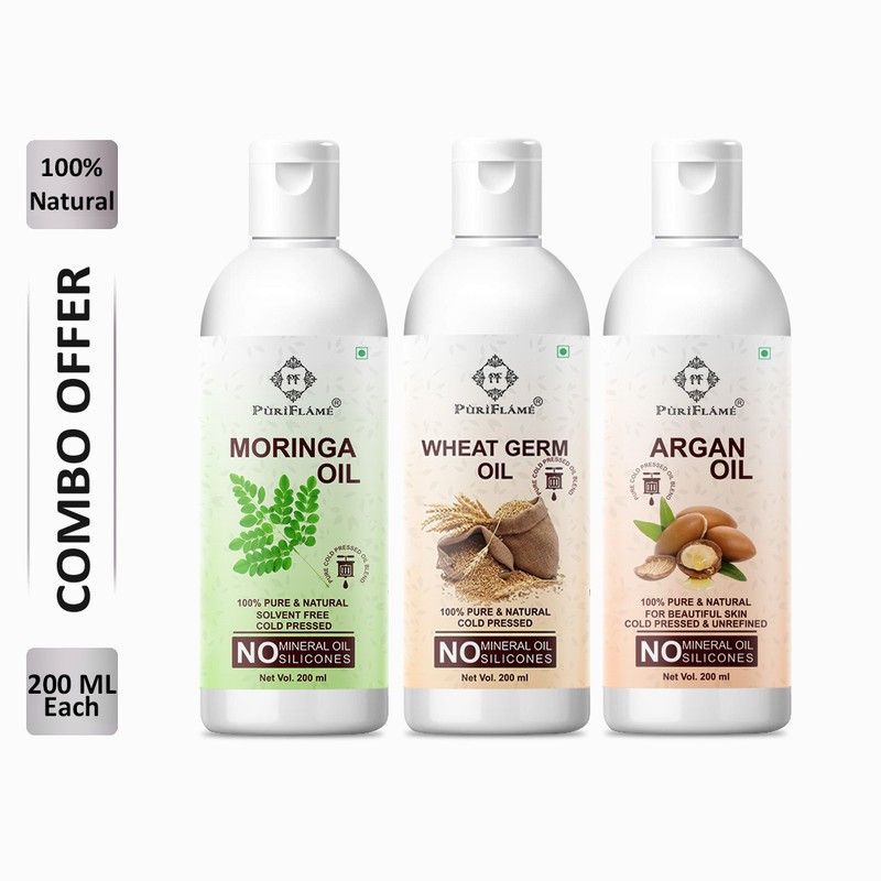 PuriFlame 100% Pure Moringa Oil 200ML & Wheat Germ Oil 200ML & Argan Oil 200ML Combo Hair Oil  (600 ml)