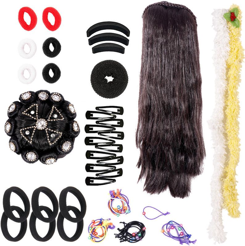 Honbon combo Wig for Women And Girls, Juda Accessories for Women and girls, Extension 16-18 Inches and rubber band 2 hair gajra hair clip hair making puff Hair Extension