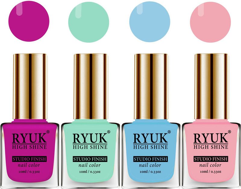 RYUK HD Colors Long Lasting Glossy Gel Effect Nail Paint 40 ml (RYNP-139) Bright Plum, Italian Sky Blue, Sky Blue, Baby Pink  (Pack of 4)