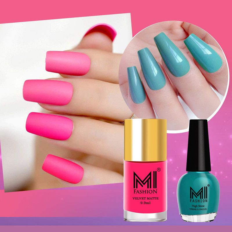 MI FASHION Glimmer and Grim A Bold and Mysterious Matte Nail paint Combo Sea Green,Pink  (Pack of 2)