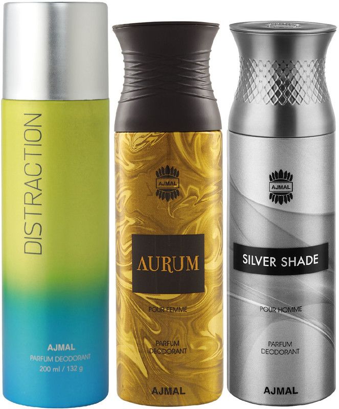 Ajmal Distraction for Men & Women, Aurum and Silver Shade for Men Deos each 200ML Deodorant Spray - For Men & Women  (600 ml, Pack of 3)