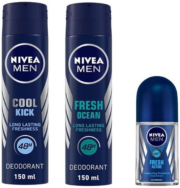 NIVEA Cool Kick Deo 150 Ml , Fresh Ocean Deo 150 Ml , Fresh Active Roll On 50 Ml 12 Deodorant Spray - For Men  (350 ml, Pack of 3)