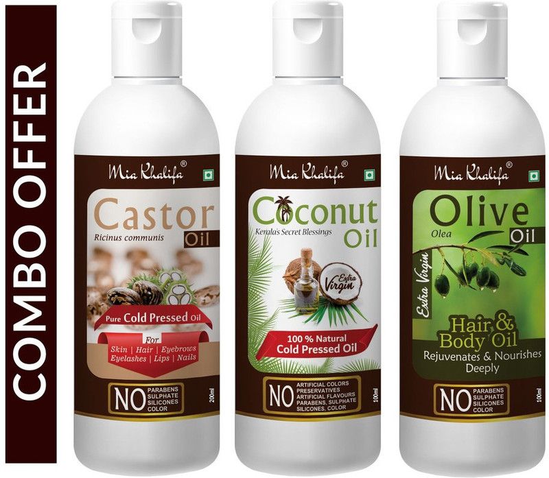 Mia Khalifa 100% Pure Castor Hair Oil, Cold Pressed, To Support Hair Growth 200 ML + Coconut 100 ML + 100 % Pure Olive Oil To Support Hair Regrowth and Body, Rejuvenates and Nourishes Deeply 100 ML (Set of 3 Bottle) (400 ML) Hair Oil  (400 ml)