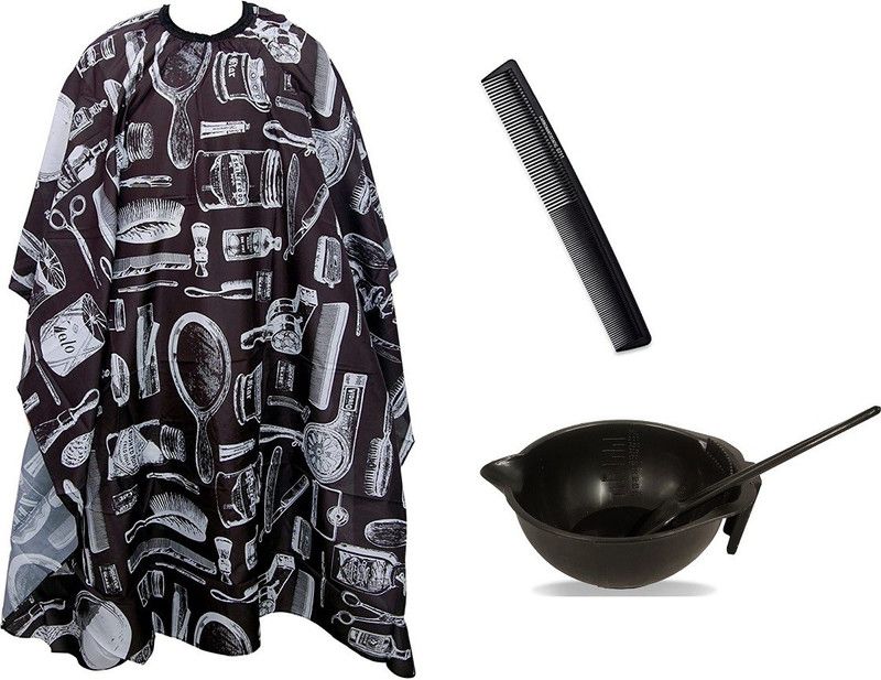 Uniqon Combo Of Hair Dye Bowl Brush,Hair 0711 Comb And Black Print Hair Cutting Sheet Makeup Apron