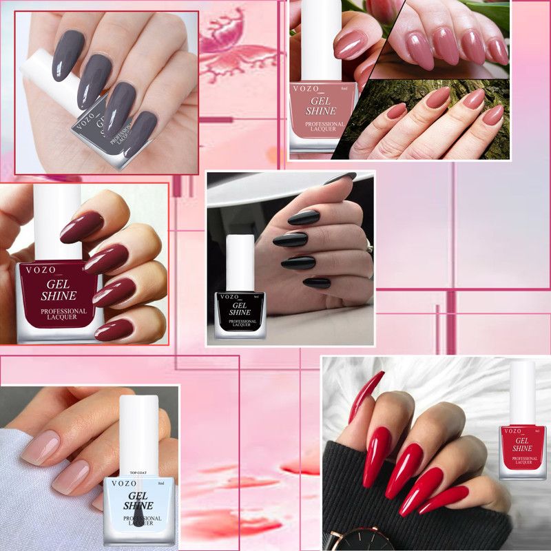 VOZO Super Shine HD Finish Nail Polish Long Lasting Vegan Pastel Shades Set of 6 Wines Maroon, Red, Rose Gold, Grey, Top Coat, Black  (Pack of 6)