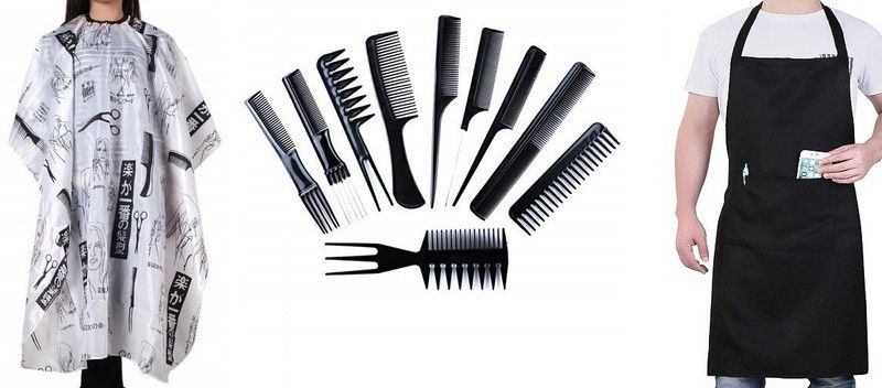 BIGWHEEL Combo Of Hair Combs Set & Neck Bib Ties Pocket And Printed Hair Cutting Sheet Makeup Apron