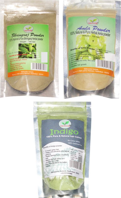 matruveda 100% Pure & Natural Bhringraj, Amla & Indigo Powder (Pack of 3) Each 100gm  (300 g)