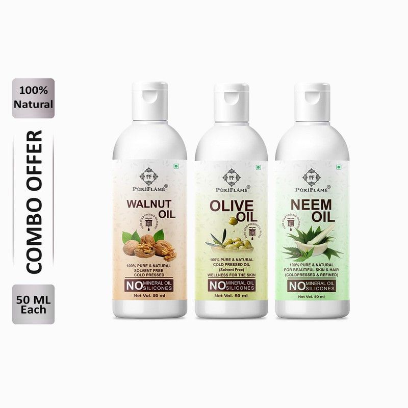 PuriFlame 100% Pure Walnut Oil 50ML & Olive Oil 50ML & Neem Oil 50 ML Combo For Rapid Hair Growth, Anti Hair Fall, Split Ends & Promotes Softer & Shinier Hair (Pack Of 3) Hair Oil  (150 ml)