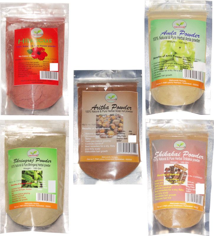 matruveda 100% Pure & Natural Hibiscus, Amla, Bhringraj, Shikakai & Aritha Powder (Pack of 5) Each 100gm  (500 g)