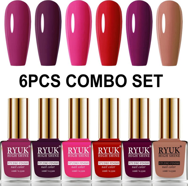 RYUK Long Shine HD Colors Nail Polish Combo Offer Set of 6 Pcs MRYNK-65 Dark Magenta, Wine, Passion Pink, Red, Dark Maroon, Bronze Solid  (Pack of 6)