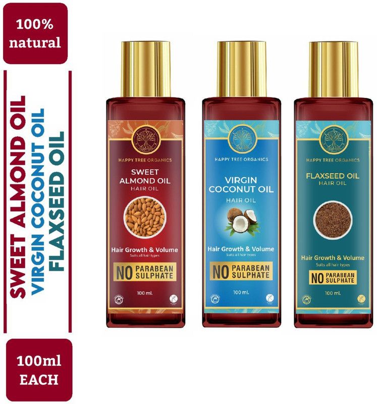 Happytree Organics Sweet Almond Oil + Virgin Coconut Oil + Flaxseed Oil Hair Oil  (300 ml)