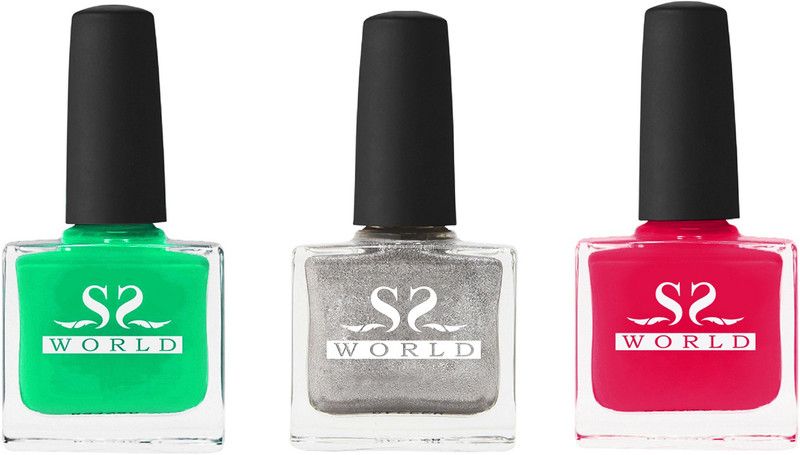 SSworld GLOSSY NAIL POLISH PACK OF 3 POP GREEN _SILVER SHINE_HOT PINK  (Pack of 3)