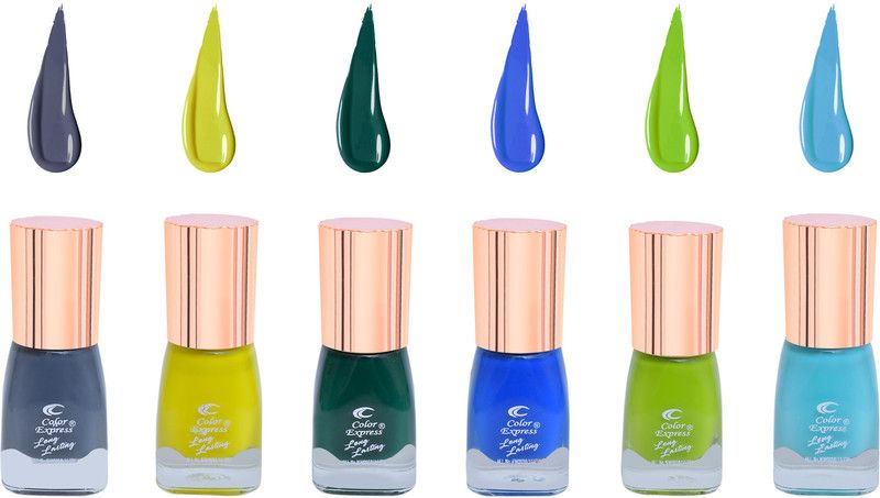 Color Express Long Lasting Nail Enamel 10ml Each Lime Green,Admiral Blue,Tropical Green,Bahama Breeze,Sunny Yellow,Dark Gray  (Pack of 6)
