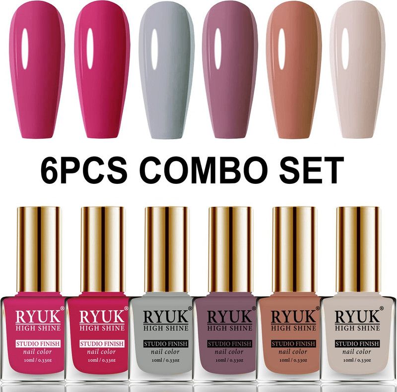 RYUK Long Shine HD Colors Nail Polish Combo Offer Set of 6 Pcs MRYNK-18 Magenta, Red Magenta, Light Grey, Purple Nude, Bronze Solid, Light Nude  (Pack of 6)