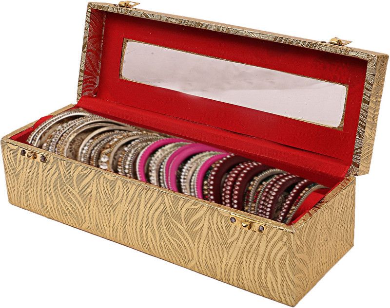 KUBER INDUSTRIES Wooden One Rod Bangle Storage Box (Gold) -CTKTC8705 Metalic Leaf Design Vanity Box  (Gold)