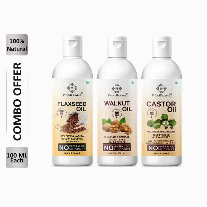 PuriFlame 100% Pure Flaxseed Oil 100ML & Walnut Oil 100ML & Castor Oil 100ML Combo For Rapid Hair Growth, Anti Hair Fall, Split Ends & Promotes Softer & Shinier Hair (Pack Of 3) Hair Oil  (300 ml)