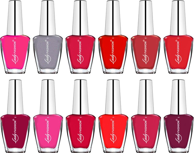 Lady FASHION Color Splash Modern Women Exclusive Nail Polish Combo Violet, Silver, Mauve, Red, Nude, Peach, Purple, Pink, Wine, Fast Red, Magenta, Maroon  (Pack of 12)