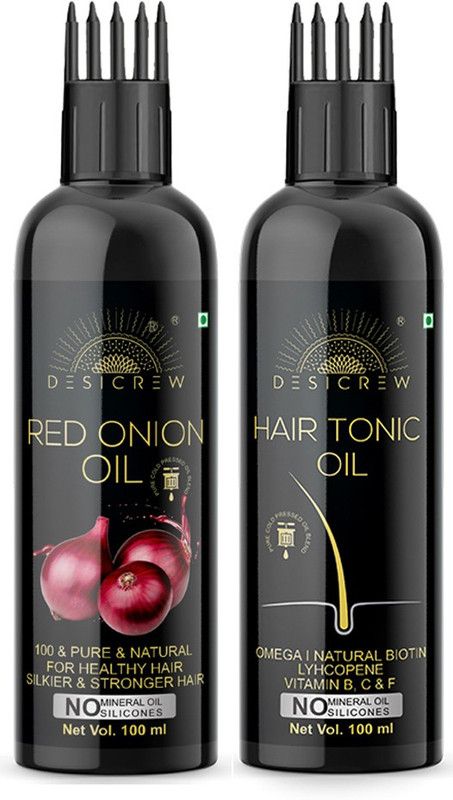 Desi Crew 100 % Pure Red Onion & Hair Tonic oil - WITH COMB APPLICATOR - Cold Pressed - For Skin , Body & Hair Care Combo Of 2 Bottle 200 ml Hair Oil  (200 ml)