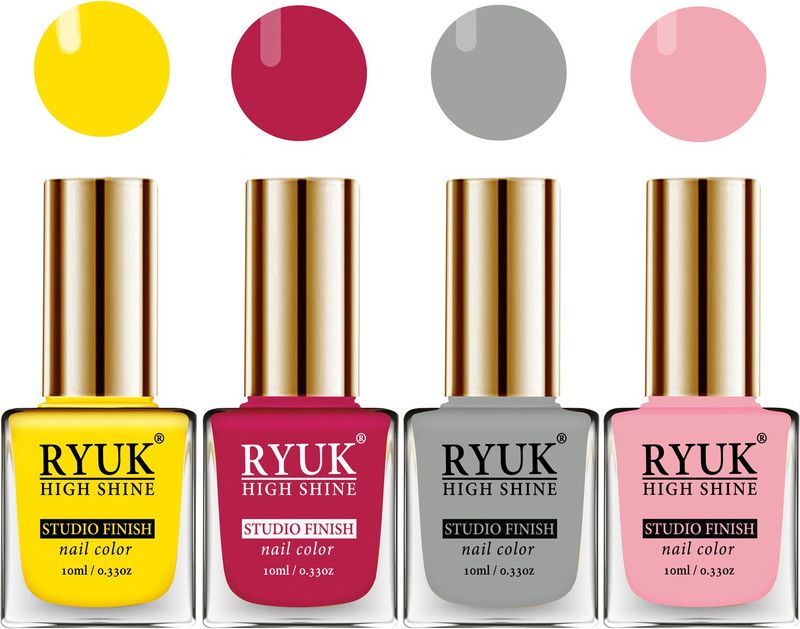 RYUK HD Colors Long Lasting Glossy Gel Effect Nail Paint 40 ml (RYNP-275) Yellow, Red Magenta, Light Grey, Baby Pink  (Pack of 4)