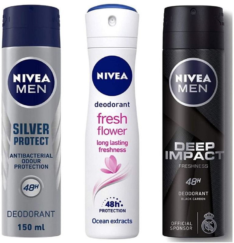 NIVEA Silver Protect Deo 150 ml , Fresh Flower Deo 150 Ml , Deep Impact Deo 150 ml (Pack of 3) 111 Deodorant Spray - For Men & Women  (450 ml, Pack of 3)