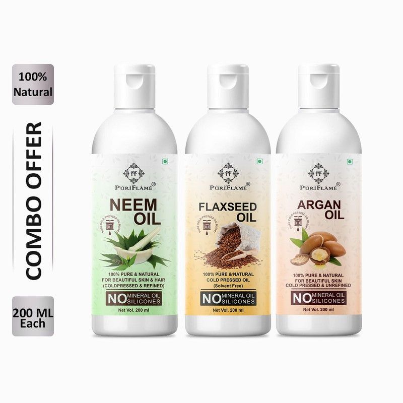 PuriFlame 100% Pure Neem Oil 200ML & Flaxseed Oil 200ML & Argan Oil 200ML Combo Hair Oil  (600 ml)