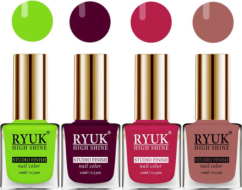 RYUK HD Colors Long Lasting Glossy Gel Effect Nail Paint 40 ml (RYNPS-132) Parrot Green, Dark Maroon, Red Magenta, Brownish Pink  (Pack of 4)
