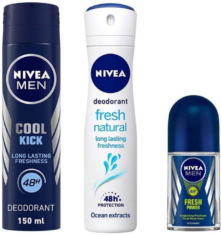 NIVEA Cool Kick Deo 150 Ml , Fresh Natural Deo 150 Ml , Fresh Power Roll On 50 Ml Deodorant Spray - For Men & Women  (350 ml, Pack of 3)