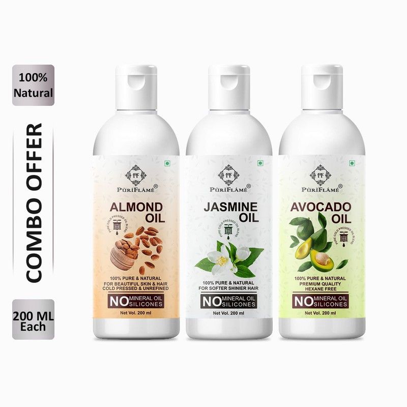 PuriFlame 100% Pure Almond Oil 200ML & Jasmine Oil 200ML & Avocado Oil 200ML Combo For Rapid Hair Growth, Anti Hair Fall, Split Ends & Promotes Softer & Shinier Hair (Pack Of 3) Hair Oil  (600 ml)