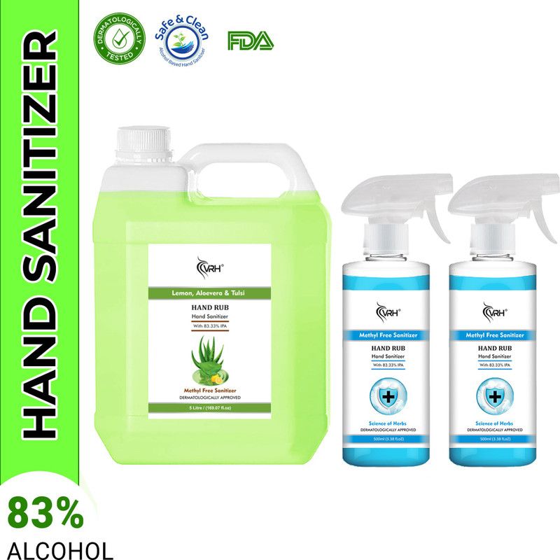 vrh Aloe Vera Fragrance 5 Litre Can + Rose Fragrance 2x500 mL Gun Spray Bottle Hand Rub Sanitizer contains 83% Alcohol Non-Stick Disinfectant Liquid Sanitizer Kills 99.9% Germs, Viruses & Bacteria Hand Sanitizer Can  (3 x 2 L)