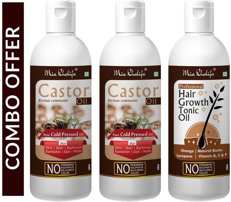 Mia Khalifa Pure Castor Hair Oil, Cold Pressed, To Support Hair Growth 100 ML X 2 200 ML + 100 % Pure and Natural Hair Growth Tonic For Hair Regrowth, Anti Hair Fall 100 ML Hair Oil  (300 ml)