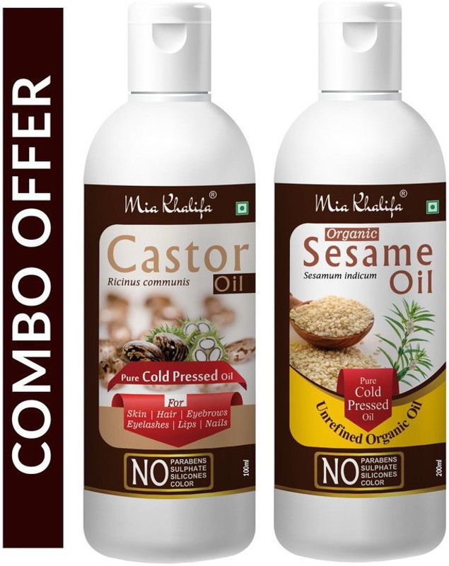 Mia Khalifa 100% Pure Castor Hair Oil, Cold Pressed, To Support Hair Growth 100 ML + 100 % Pure and Natural Organic Sesame Oil for Skin and Hair 200 ML (Set of 2 Bottle) (300 ML) Hair Oil  (300 ml)