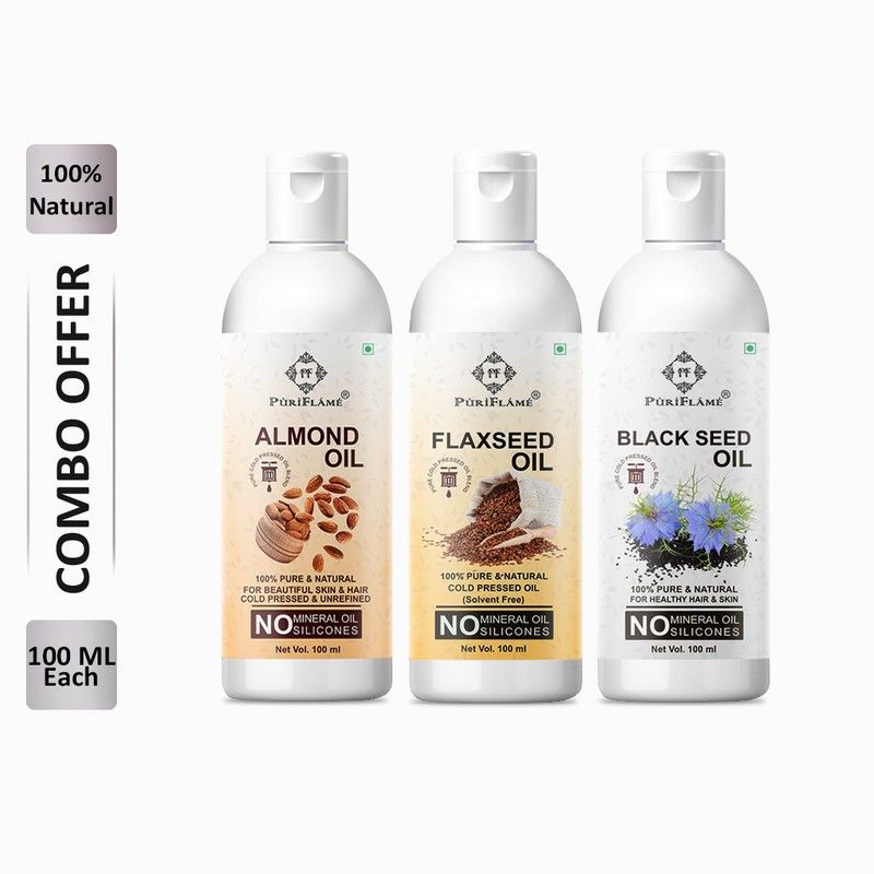 PuriFlame 100% Pure Almond Oil 100ML & Flaxseed Oil 100ML & Blackseed Oil 100ML Combo For Rapid Hair Growth, Anti Hair Fall, Split Ends & Promotes Softer & Shinier Hair (Pack Of 3) Hair Oil  (300 ml)