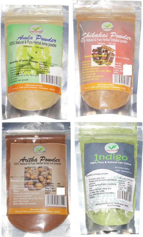 matruveda 100% Pure & Natural Amla, Shikakai, Aritha & Indigo Powder (Pack of 4) Each 100gm  (400 g)