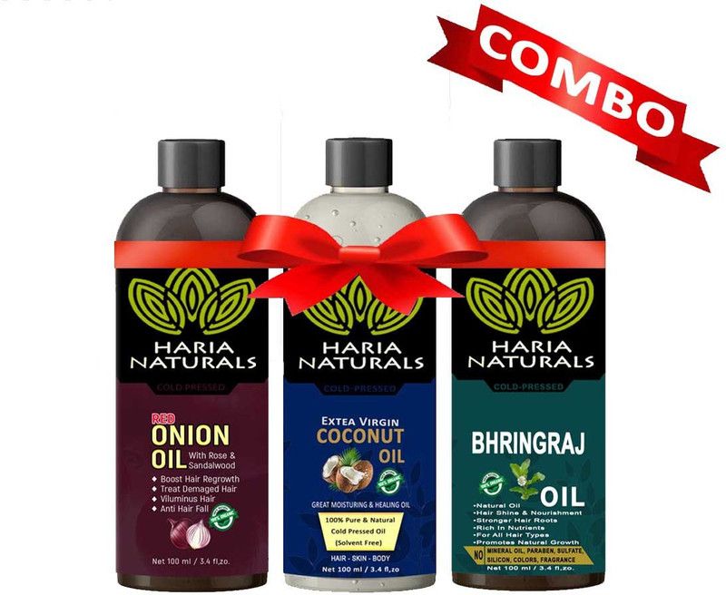 Haria Naturals 100% Cold Pressed Red Onion Oil & Coconut Oil & Bhringraj Oil 100 ml Hair Oil (Combo Pack of 3 Bottles) 300 ml Hair Oil  (300 ml)