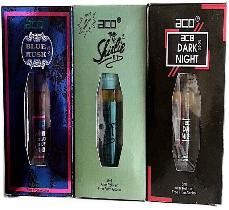 aco PERFUMES aco BLUE MUSK, SHIRLIE, DARK NIGHT 8ML attar roll on pack of 3 Floral Attar  (Leather)