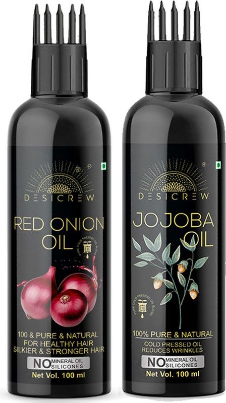 Desi Crew 100 % Pure Red Onion & Jojoba oil - WITH COMB APPLICATOR - Cold Pressed - For Skin , Body & Hair Care Combo Of 2 Bottle 200 ml Hair Oil  (200 ml)