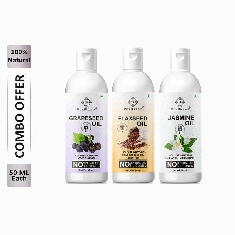 PuriFlame 100% Pure Grapeseed Oil 50ML & Flaxseed Oil 50ML & Jasmine Oil 50ML Combo For Rapid Hair Growth, Anti Hair Fall, Split Ends & Promotes Softer & Shinier Hair (Pack Of 3) Hair Oil  (150 ml)