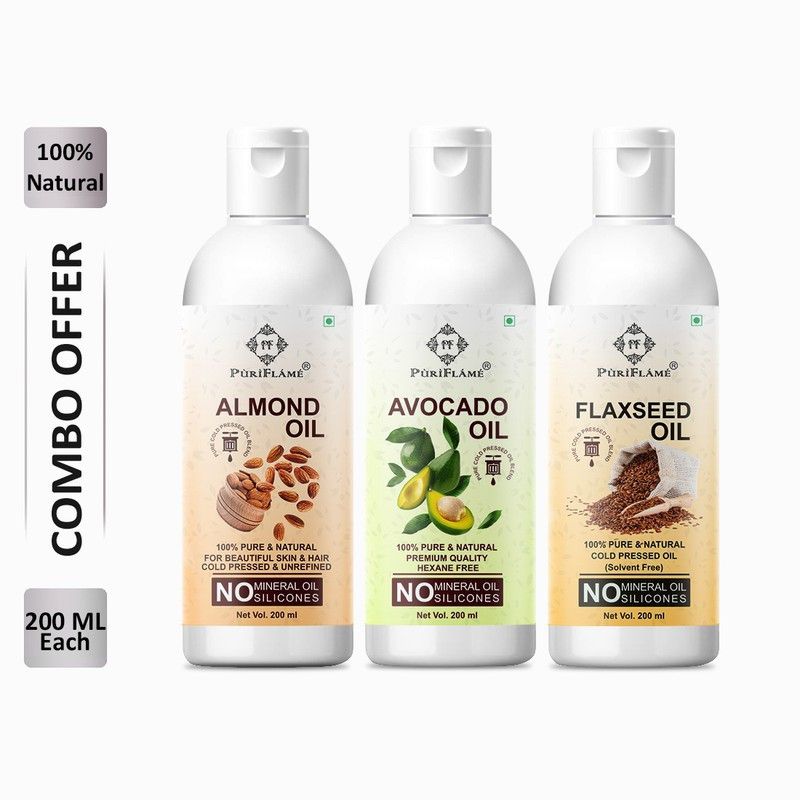 PuriFlame 100% Pure Almond Oil 200ML & Avocado Oil 200ML & Flaxseed Oil 200ML Combo Hair Oil  (600 ml)