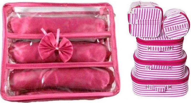 CLASSECRAFTS Combo Of 2 Pieces Set of 5 kit Storage 3 Rods Satin vanity box Makeup Kit Box Jewellery Organizer, Multipurpose Kit, Travelling Bag Vanity Box  (Pink)