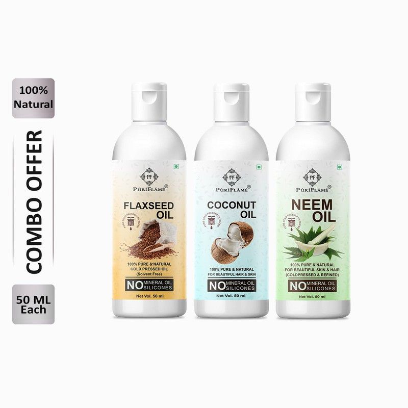 PuriFlame 100% Pure Flaxseed Oil 50ML & Coconut Oil 50ML & Neem Oil 50ML Combo For Rapid Hair Growth, Anti Hair Fall, Split Ends & Promotes Softer & Shinier Hair (Pack Of 3) Hair Oil  (150 ml)