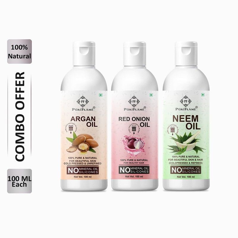 PuriFlame 100% Pure Argan Oil 100ML & Red Onion Oil 100ML & Neem Oil 100ML Combo For Rapid Hair Growth, Anti Hair Fall, Split Ends & Promotes Softer & Shinier Hair (Pack Of 3) Hair Oil  (300 ml)