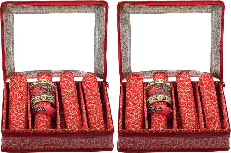 KUBER INDUSTRIES Brocade Hardboard 2 Pieces Four Rod Bangle Box (Red) - CTKTC22894 Make Up Vanity Box  (Red)