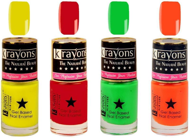KRAYONS Gel Base Glossy Effect Nail Polish Enamel Color Combo of 4 Trendy Shades(SIGNAL RED,NEON YELLOW,NEON GREEN,NEON ORANGE) Neon Orange, Signal Red, Neon Yellow, Neon Green  (Pack of 4)