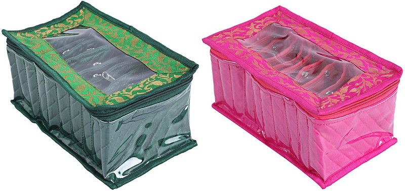 KUBER INDUSTRIES Cotton 2 Pieces 10 Pouch Jewellery Box (Pink & Green) -CTKTC5343 Laminated Vanity Box  (Multicolor)