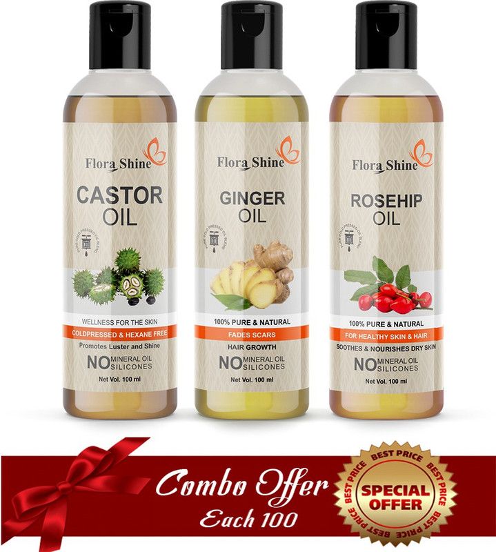 flora shine 100 % Pure & Natural Castor & Ginger & Rosehip Oil Combo of 3 No.100 ml Bottles, Hair Oil (300 ml) Hair Oil (300 ml) Hair Oil  (300 ml)
