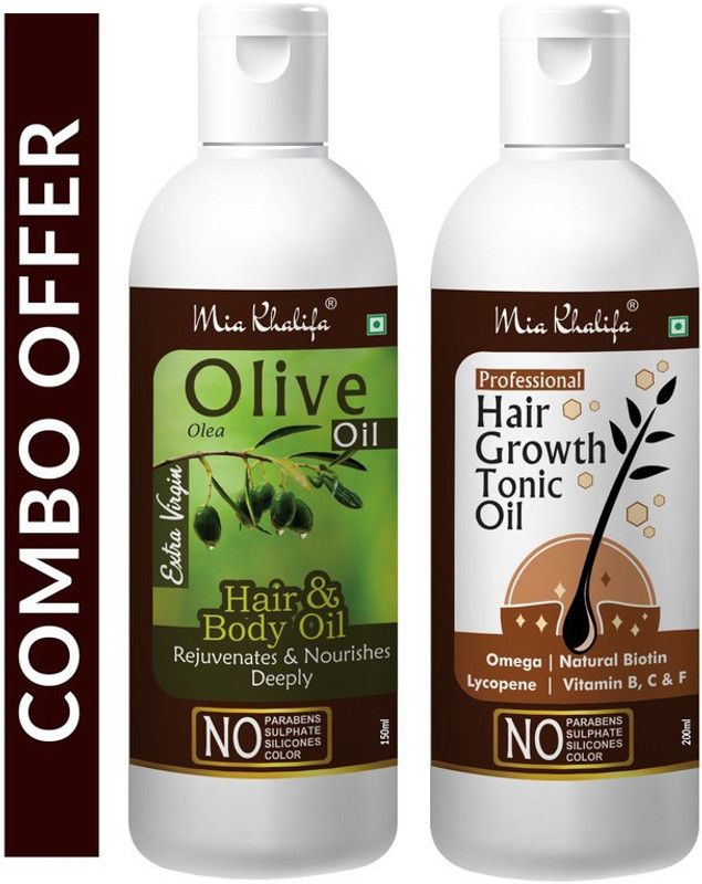 Mia Khalifa 100 % Pure Olive Oil To Support Hair Regrowth and Body, Rejuvenates and Nourishes Deeply 150 ML + 100 % Pure and Natural Hair Growth Tonic For Hair Regrowth, Anti Hair Fall 200 ML (Set of 2 Bottle) (350 ML) Hair Oil  (350 ml)