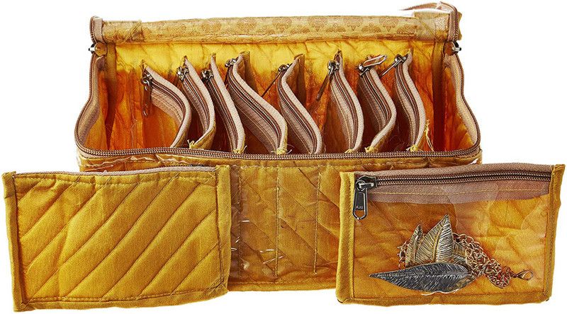 KUBER INDUSTRIES Fabric Jewellery Box with 10 Transparent Pouches, (Gold) - CTKTC30953 Jewellery Vanity Box  (Gold)