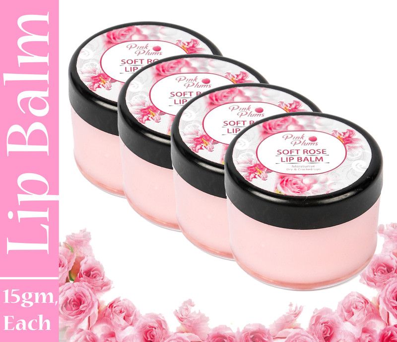 PINK PLUMS Soft Rose Lip Balm for Moisturise Dry & Cracked Lips, 15g- Pack of 4 Soft Rose  (Pack of: 4, 60 g)