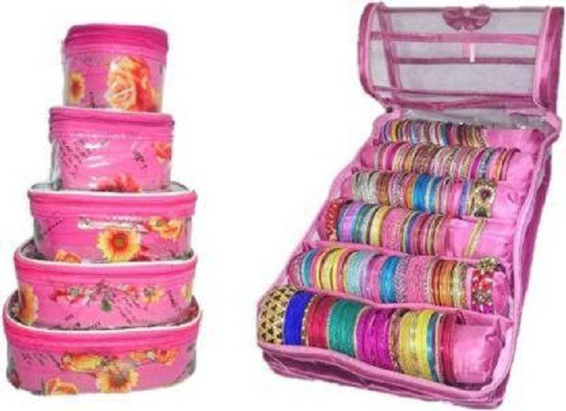 Chehek High quality Combo of 5 kit Makeup Box and 6 rola satin Bangles Box (Pink ) Vanity Box Vanity Box  (Pink)