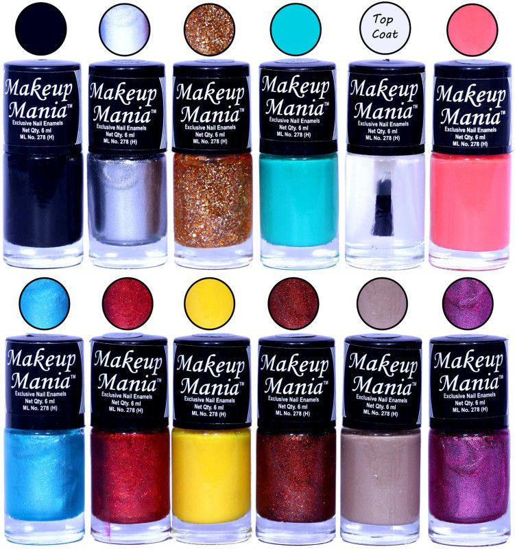 Makeup Mania HD Color Nail Polish Set of 12 Pcs (Combo MM-112) Black, Silver, Golden, Turquoise, Top Coat, Pink, Blue Shimmer, Yellow, Copper, Nude  (Pack of 12)